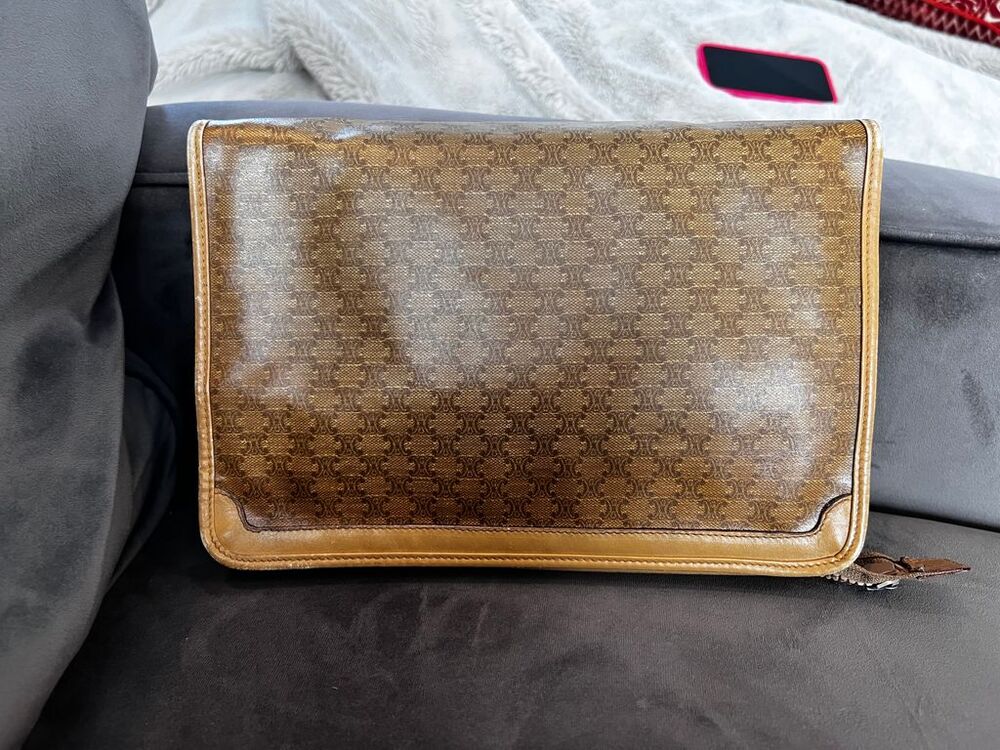 Celine Triomphe Monogram Clutch Bag Brown Vintage Women's Handbag - Picture 7 of 10